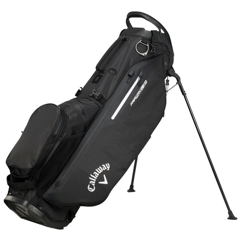 The Callaway Fairway C HD Stand Bag features a black design with white branding, multiple zippered compartments, and sturdy fold-out legs for support. Lightweight and functional, its ideal for golfers seeking style and convenience.