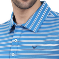 Close-up of a man wearing the Callaway Adelaide Stripe Mens Polo by Callaway, featuring blue fabric with white horizontal stripes, three buttons, and an embroidered logo on the left chest. Only his lower face and neck are visible.
