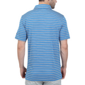 A man, seen from behind, wears a Callaway Adelaide Stripe Mens Polo by Callaway—a blue short-sleeve polo with white and red stripes—and light gray pants.