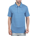 A man wears a Callaway Adelaide Stripe Mens Polo by Callaway—a blue short-sleeve mens golf shirt with white and light blue horizontal stripes and a collar—standing against a white background.