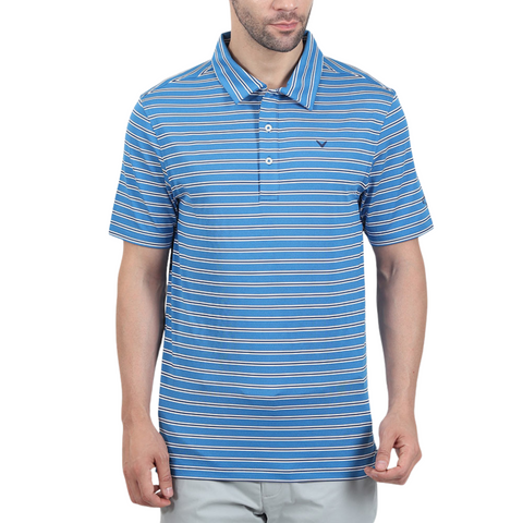 A man wears a Callaway Adelaide Stripe Mens Polo by Callaway—a blue short-sleeve mens golf shirt with white and light blue horizontal stripes and a collar—standing against a white background.