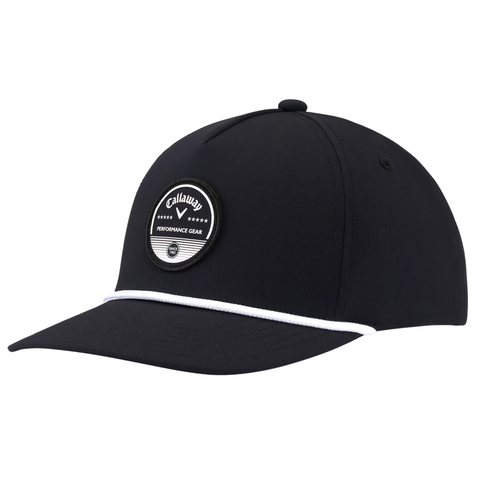 The Callaway Bogey Free Cap is a black golf hat featuring a round embroidered patch with the Callaway logo and Performance Gear, plus a white rope detail above the brim for stylish performance on the course.