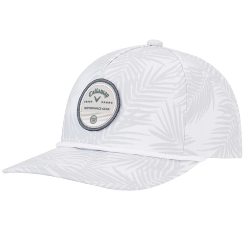 The Callaway Bogey Free Cap by Callaway is a white golf hat featuring a subtle gray palm leaf pattern and a circular Performance Gear patch on the front.