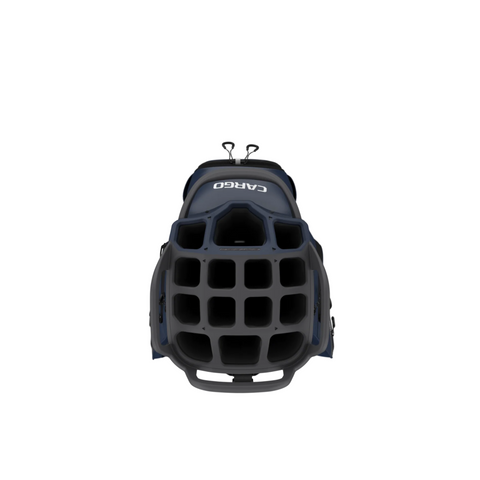 Front view of the Callaway Cargo 25 Cart Bag by Callaway, featuring a sturdy handle, black straps, and grid-style ventilation accents with CARGO printed on top.
