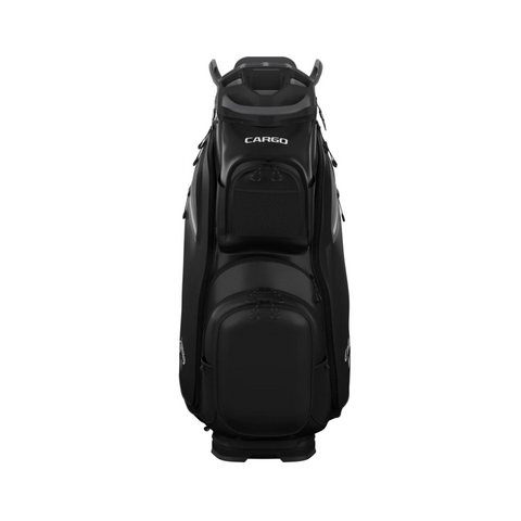 The Callaway Cargo 25 Cart Bag in black, shown front-on with multiple zippered compartments and a sturdy base, is the ideal golf cart bag for players in New Zealand. Brand: Callaway. Set against a white background.
