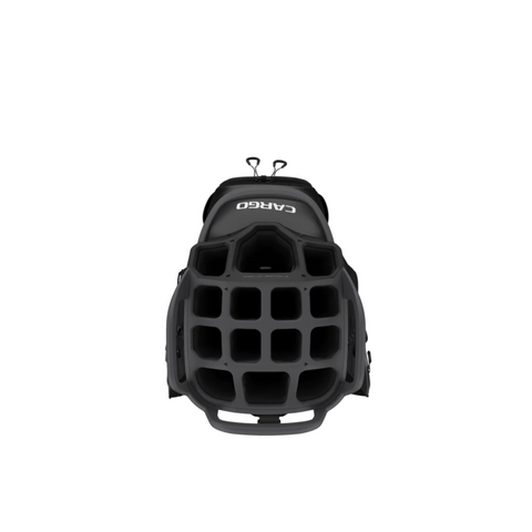 A front view of the Callaway Cargo 25 Cart Bag featuring a black, grid-pattern design with the Callaway logo in white—an ideal addition to your golf bag collection in New Zealand.