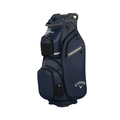 The Callaway Cargo 25 Cart Bag, in navy blue with multiple zippered compartments, padded shoulder strap, and white Callaway logo on the side, stands upright on a white background—ideal as your next golf cart bag.