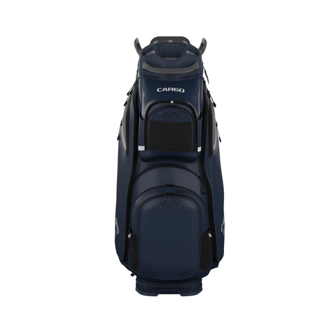 The Callaway Cargo 25 Cart Bag by Callaway is a dark blue golf bag featuring multiple zippered compartments, sturdy handles, and CARGO printed near the top—ideal for your next round in New Zealand.