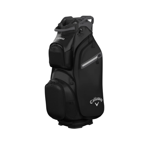 A black Callaway Cargo 25 Cart Bag stands upright against a white background, featuring multiple zippered compartments and pockets. The Callaway logo is near the base of this golf cart bag, a favorite among New Zealand golfers.