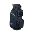 The Callaway Cargo 25 Cart Bag features multiple zippered pockets, a sturdy handle, and white Callaway branding. This navy blue premium golf cart bag is ideal for New Zealand golfers and is shown against a white background.