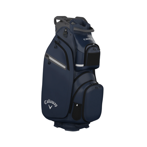 The Callaway Cargo 25 Cart Bag features multiple zippered pockets, a sturdy handle, and white Callaway branding. This navy blue premium golf cart bag is ideal for New Zealand golfers and is shown against a white background.