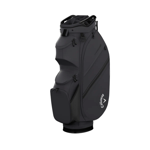 The Callaway Chase 14 Cart Bag is a sleek black golf bag with white text, combining style and practicality for golfers.