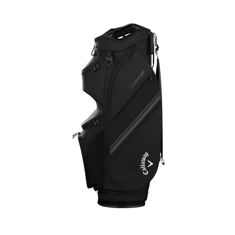 The Callaway Chase 14 Cart Bag is a sleek black golf bag with multiple zippered compartments, a shoulder strap, and a white Callaway logo near the base—ideal for organizing your gear on the course.