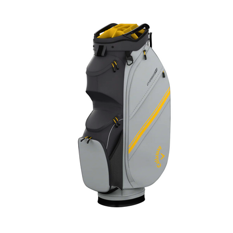 The Callaway Chase 14 Cart Bag is a gray and yellow golf bag with multiple pockets and dividers, featuring the Callaway logo. It stands upright on a white background.