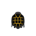 A black helmet viewed from above, with yellow internal padding and visible straps at the bottom—designed with detailed craftsmanship, much like the Callaway Chase 14 Cart Bag by Callaway.