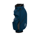 A Callaway Chase 14 Cart Bag in navy blue, featuring multiple zippered pockets, a top handle, and Callaway branding on the side, is displayed upright against a white background.