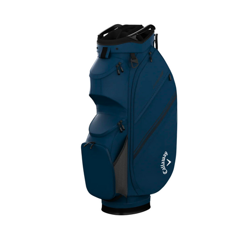 A Callaway Chase 14 Cart Bag in navy blue, featuring multiple zippered pockets, a top handle, and Callaway branding on the side, is displayed upright against a white background.