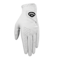 The Callaway Women's Dawn Patrol Golf Glove in white features premium leather, ventilation holes on the fingers, and a black Callaway logo patch on the back, shown against a plain white background.