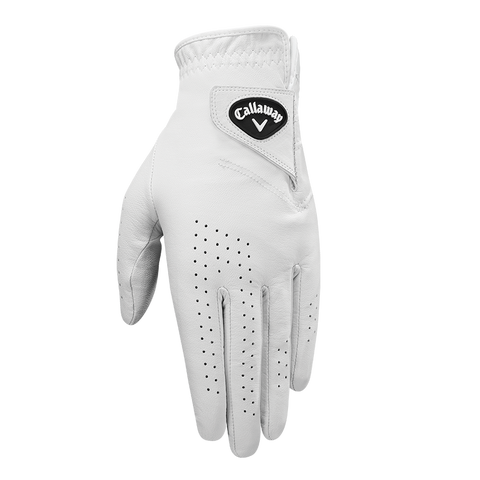 The Callaway Women's Dawn Patrol Golf Glove in white features premium leather, ventilation holes on the fingers, and a black Callaway logo patch on the back, shown against a plain white background.