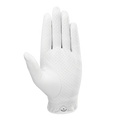 The Callaway Women's Dawn Patrol Golf Glove in white features small perforations and premium leather, shown palm up against a plain white background.