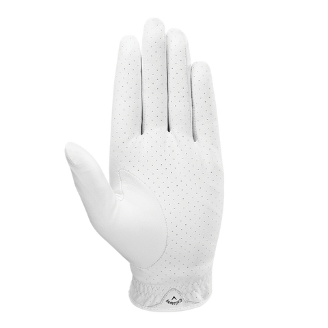 The Callaway Women's Dawn Patrol Golf Glove in white features small perforations and premium leather, shown palm up against a plain white background.