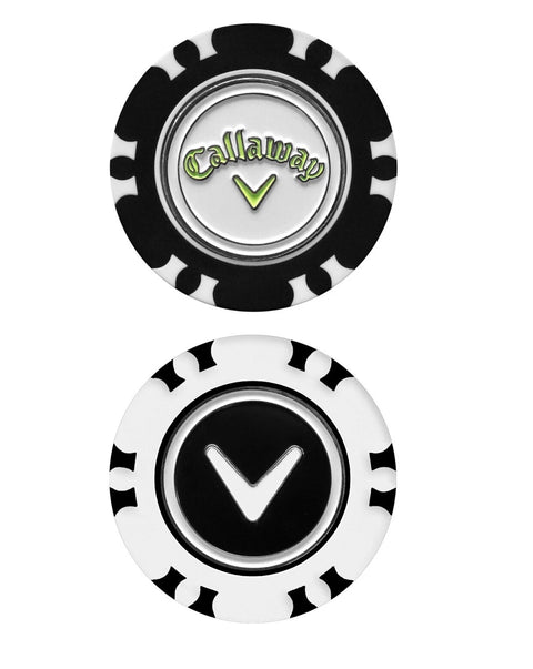 Two golf chip-shaped Callaway branded accessories on a plain white background, one showing the Callaway logo and the other showing the Callaway checkmark.