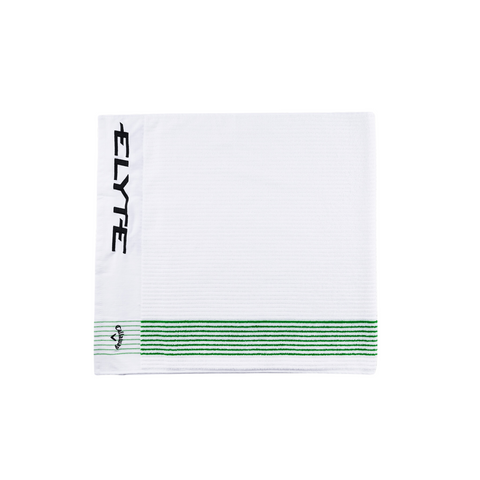 The Callaway Elyte Caddy Towel by Callaway features ELLYTE in black on the left, green horizontal stripes near the bottom, and a white background, offering tour-level golf performance.