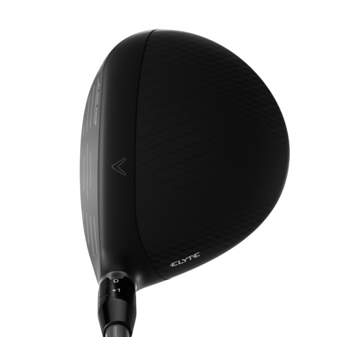 A close-up of the Callaway Elyte Fairway Wood shows its textured top, sleek Callaway branding, lightweight design, visible clubface, and adjustable hosel