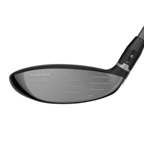 Close-up of the Callaway Elyte Fairway Wood club head by Callaway, featuring AI 10K FACE text and adjustable hosel markings.