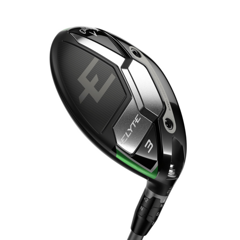A close-up of the Callaway Elyte Fairway Wood by Callaway, showcasing its sleek black and silver design with green accents, adjustable screws, “Elyte 3” label.