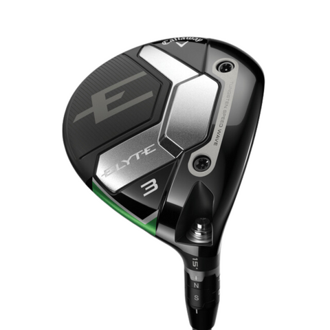 A close-up of the Callaway Elyte Fairway Wood club head displays its black, silver, and green design with branding, screws, and an adjustable hosel—perfect for golfers wanting a lightweight fairway wood from Callaway.