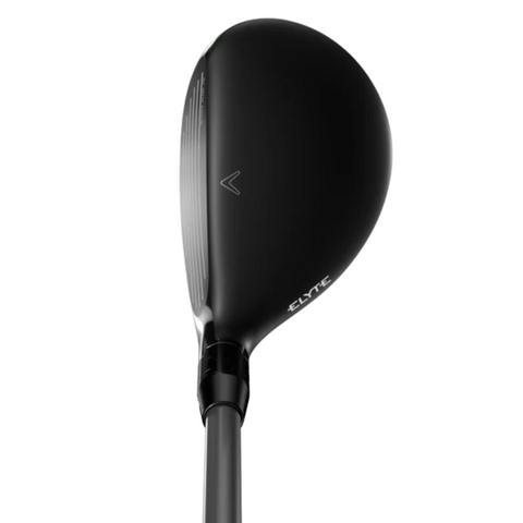 The Callaway Elyte Hybrid features a black matte club head with subtle branding near the heel and a visible shaft—an ideal, forgiving hybrid from Callaway.