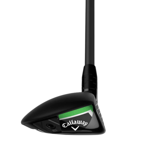 A close-up of the Callaway Elyte Hybrid golf club head, branded with the Callaway logo and a green accent, showcases this lightweight hybrid with its shaft extending upward.