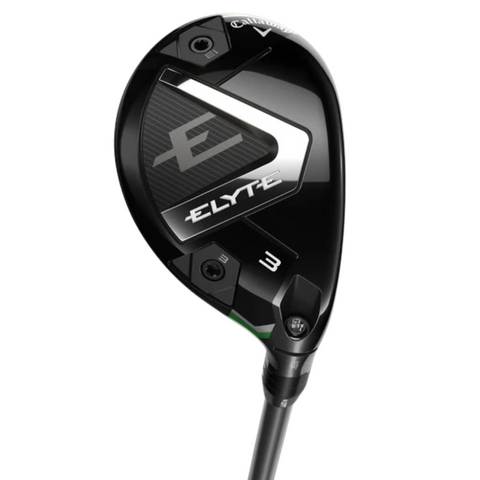 Close-up of the Callaway Elyte Hybrid club head in black, featuring the Callaway logo, model name, and adjustable screws on a white background—crafted for a lightweight and forgiving golf swing.