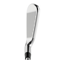 A close-up of the Callaway Elyte Irons Set clubhead reveals its grooved face and hosel, set against a white background—crafted by Callaway for maximum forgiveness.