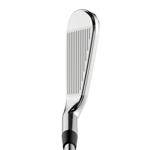 A close-up of the Callaway Elyte Irons Set clubhead reveals its grooved face and hosel, set against a white background—crafted by Callaway for maximum forgiveness.