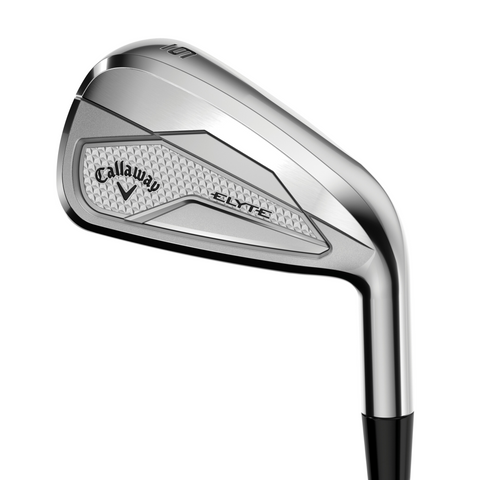 A close-up of the Callaway Elyte Irons Set (4-PW + SW + AW) displays a sleek silver clubhead with textured detail and the Callaway logo, offering premium men's irons designed for maximum forgiveness.