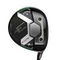 A close-up of the Callaway Elyte Max Fast Women’s Fairway Wood shows the Callaway logo, metallic accents, and green and silver details on the black club head—a lightweight, forgiving 3-wood designed for women.