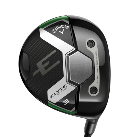 A close-up of the Callaway Elyte Max Fast Women’s Fairway Wood shows the Callaway logo, metallic accents, and green and silver details on the black club head—a lightweight, forgiving 3-wood designed for women.