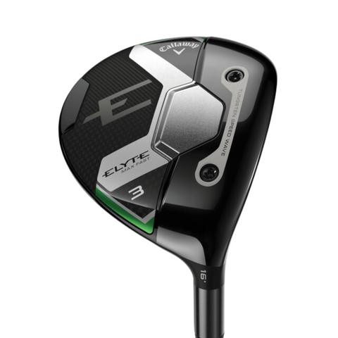 A close-up of the Callaway Elyte Max Fast Women’s Fairway Wood by Callaway, a lightweight, forgiving club with a sleek black, silver, and green design, visible branding, and technical details on the club head.