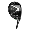 A close-up of the Callaway Elyte Max Fast Women’s Hybrid golf club head displays Callaway branding, metallic accents, and adjustable screws—highlighting its easy-launch design for women—against a white background.
