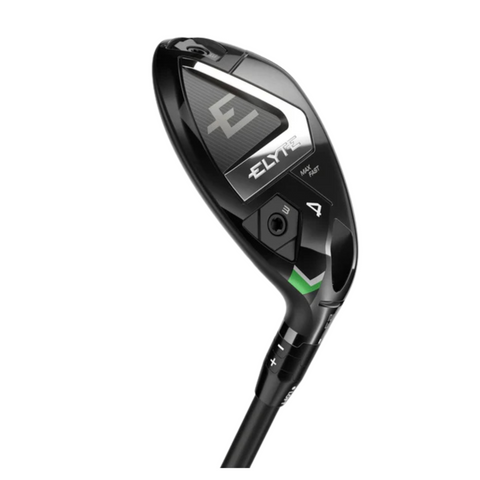 A close-up of the Callaway Elyte Max Fast Women’s Hybrid club head in white, silver, and green accents shows easy launch branding and adjustment markings on a white background.