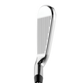 A close-up of the Callaway Elyte Max Fast Womens Irons Set (6-PW + SW) by Callaway, displaying the shiny silver club head’s grooved face and reflective surface against a white background.