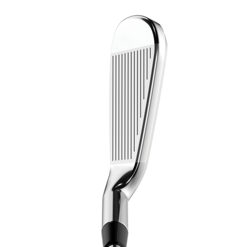 A close-up of the Callaway Elyte Max Fast Womens Irons Set (6-PW + SW) by Callaway, displaying the shiny silver club head’s grooved face and reflective surface against a white background.