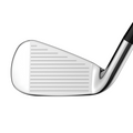Close-up of the Callaway Elyte Max Fast Womens Iron face, featuring horizontal grooves on its shiny silver surface, set against a white background.