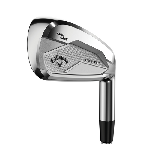 A close-up of Callaway Elyte Max Fast Womens Irons Set (6-PW + SW) shows the textured, polished face—perfect for golfers wanting lightweight irons with maximum forgiveness.
