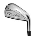 A close-up of a Callaway Elyte Mens Irons Set golf iron highlights its silver head, textured detailing, and Callaway branding, designed for maximum forgiveness, displayed against a white background.