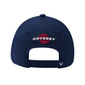 Navy blue Callaway Elyte Tour Authentic Performance Pro Hat shown from the back, featuring “ODYSSEY” with red concentric circles above the adjustable strap and a small white checkmark.