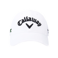 Front view of the white Callaway Elyte Tour Authentic Performance Pro Hat, a moisture-wicking golf hat featuring the black Callaway branding on the front and small green and black embroidered side details.