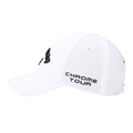 The Callaway Elyte Tour Authentic Performance Pro Hat is a white golf hat with black CHROME TOUR embroidery on the side, made from mesh-like moisture-wicking fabric for top performance.